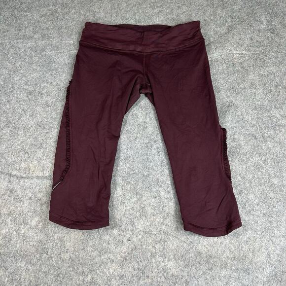 Lululemon Leggings 6 Run Fast Free Crop Ruffle Tonka Stripe Maroon - Picture 1 of 9